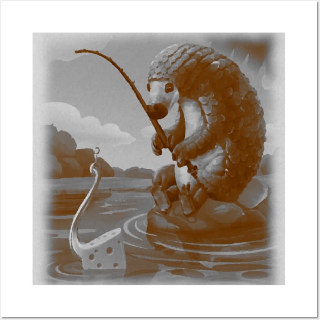 black and white pangolin fishing with cheese Wall Art by Catbrat